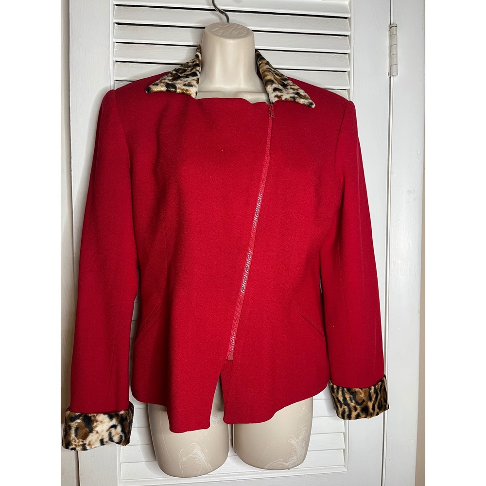 Vintage TAIGA PARIS Red Zipper Front Wool Jacket Leopard Collar Cuffs Size 8